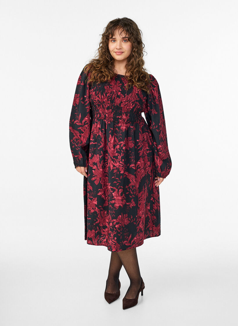 Kjole med blomsterprint og smock-overdel, Sort, Model image number 0