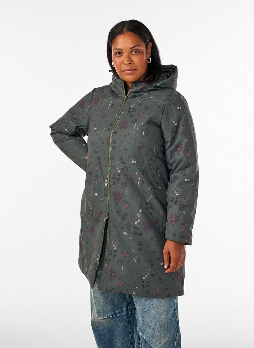 Vatteret vinterjakke med blomsterprint, Gr&oslash;n, Model image number 0