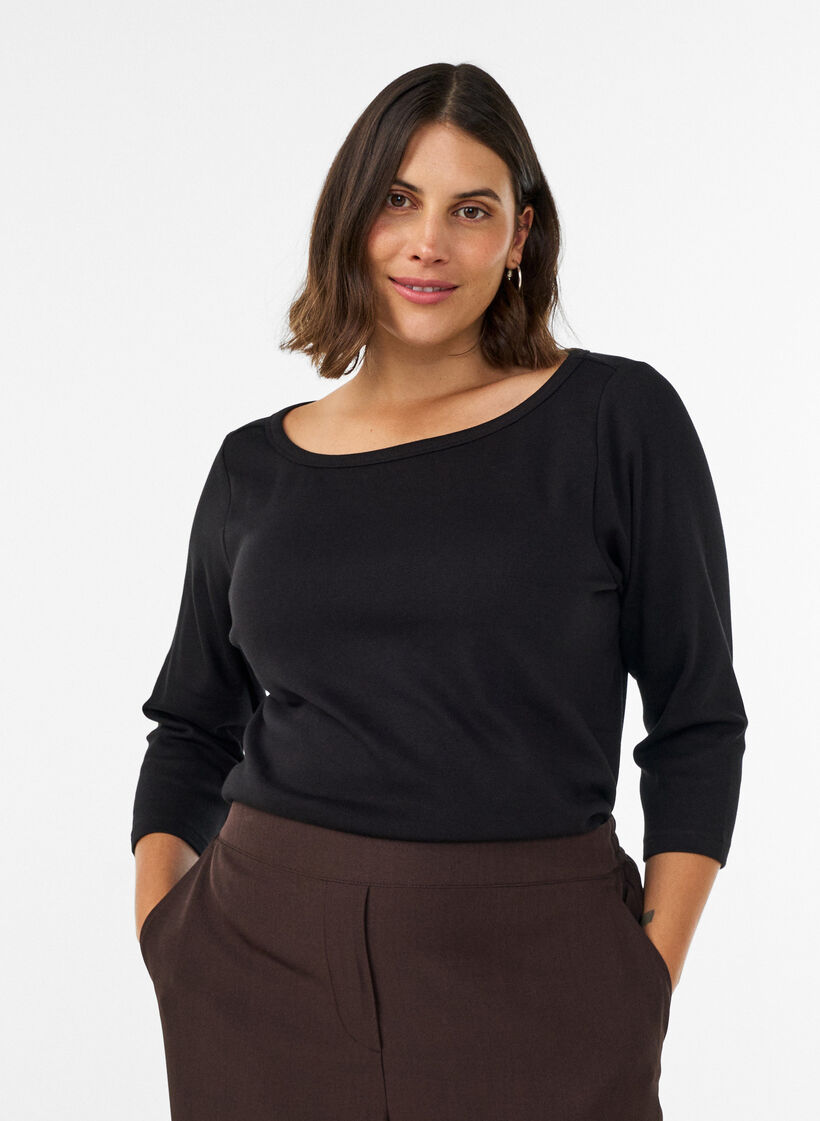 Basis T-shirt med b&aring;dudsk&aelig;ring og 3/4-&aelig;rmer, Sort, Model image number 0
