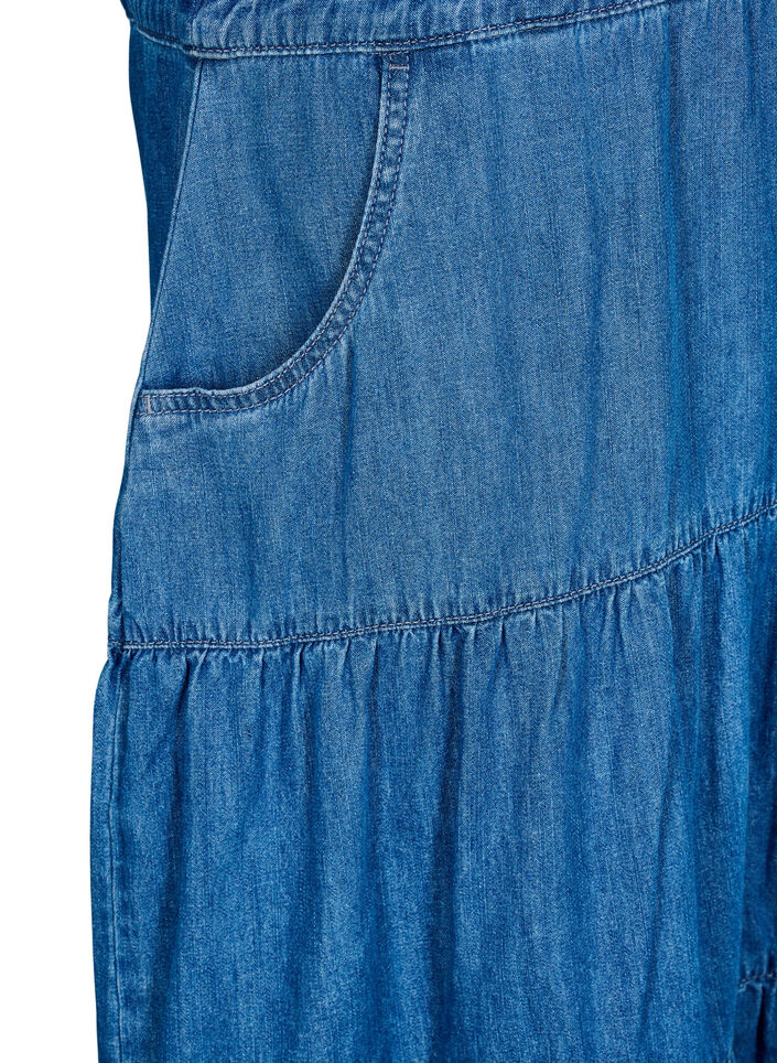 Midilang denimkjole med knapper og korte &aelig;rmer, Bl&aring;, Packshot image number 3