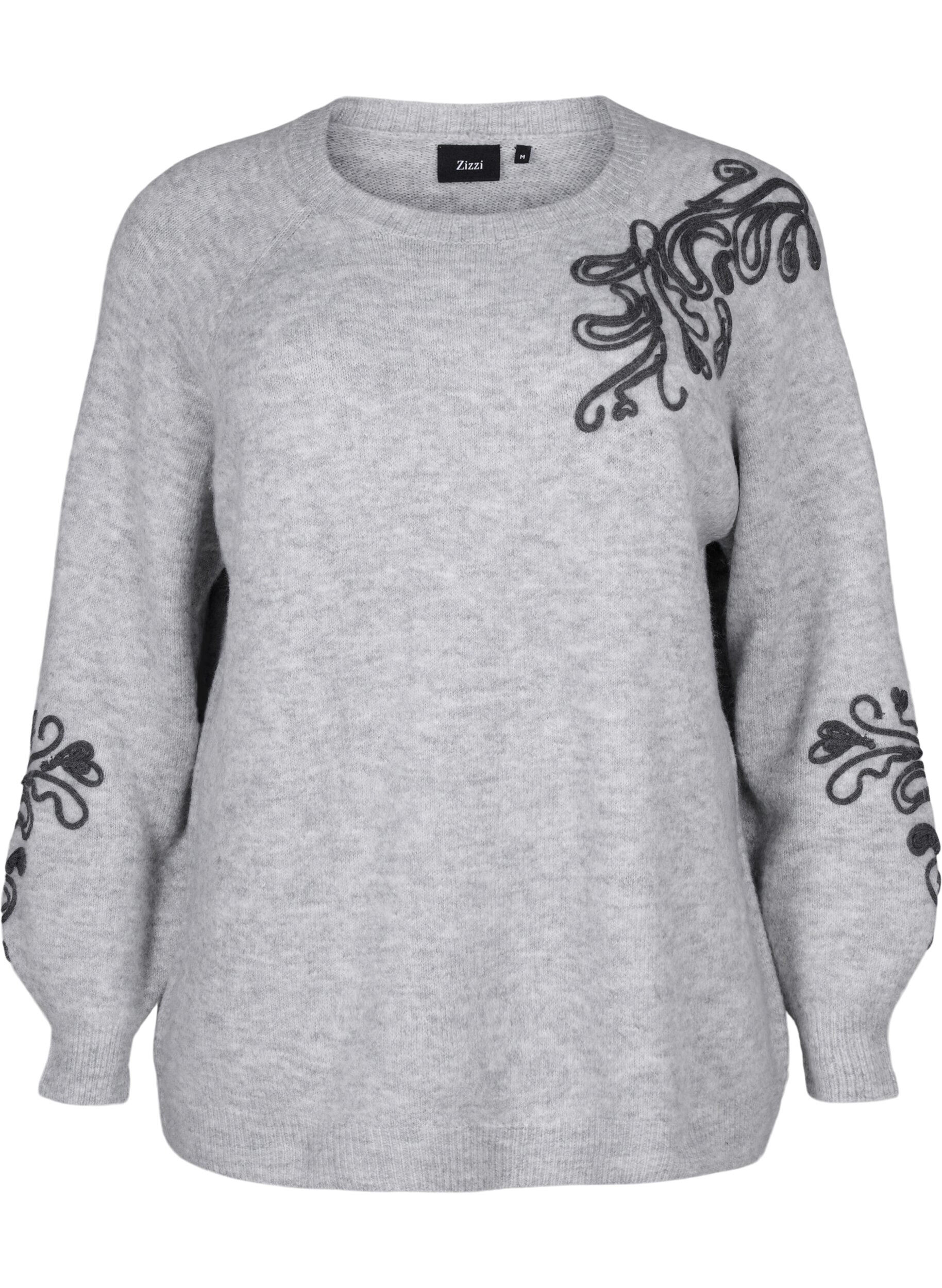 Zizzi Strikbluse med dekorativt m&oslash;nster , Light Grey Melange, Packshot image number 0
