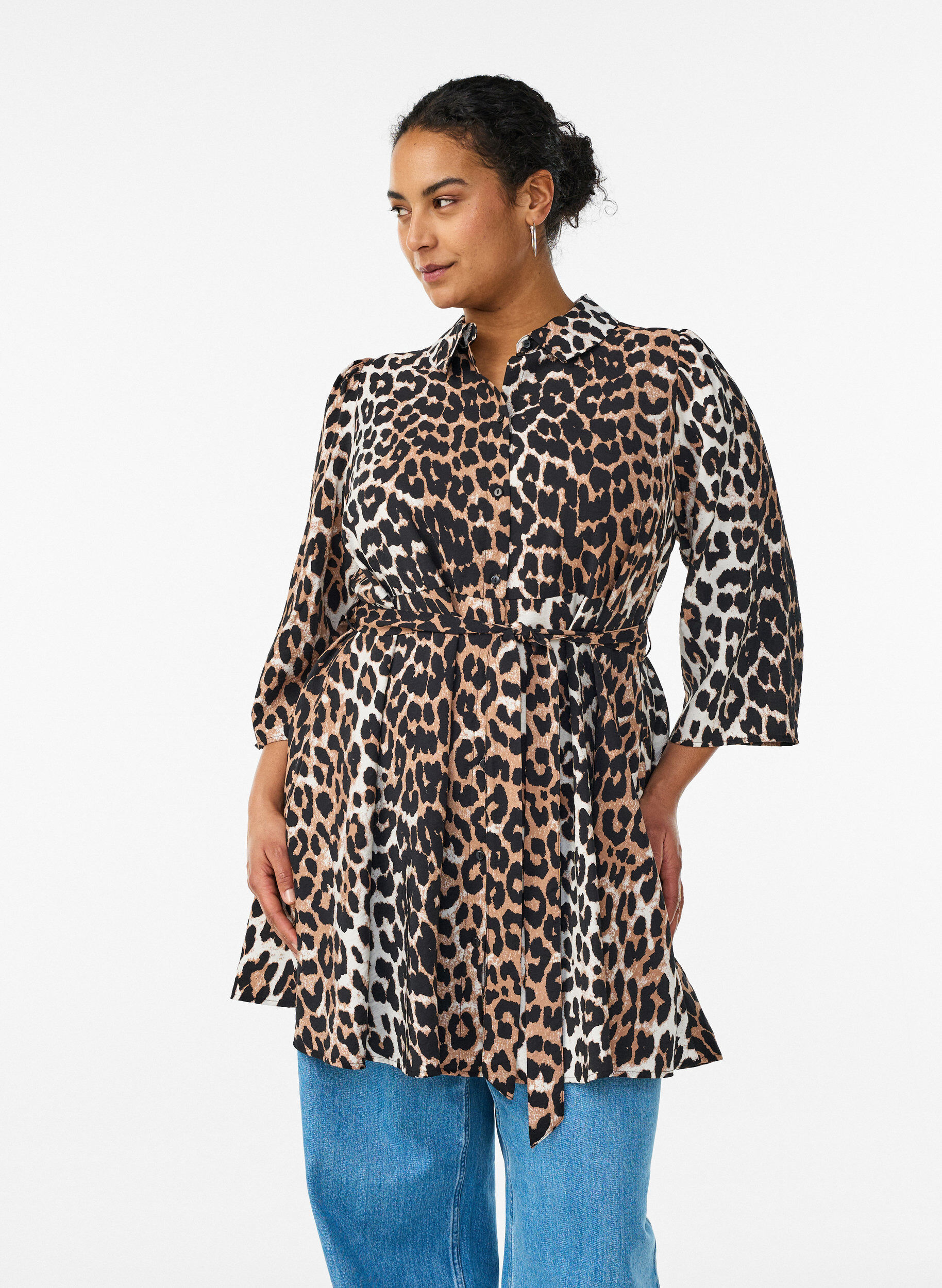 M&oslash;nstret tunika med bindeb&aelig;lte og 3/4 &aelig;rmer, Brun, Model