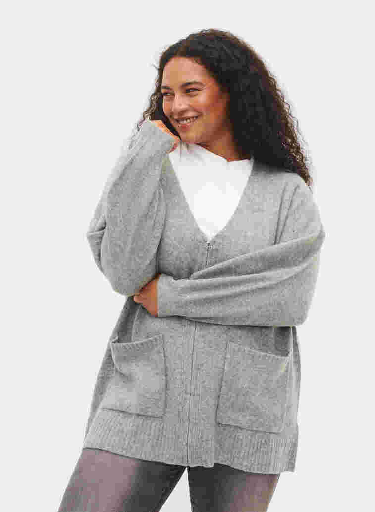 Lang strikket cardigan med lynlås og lommer, Medium Grey Melange, Model