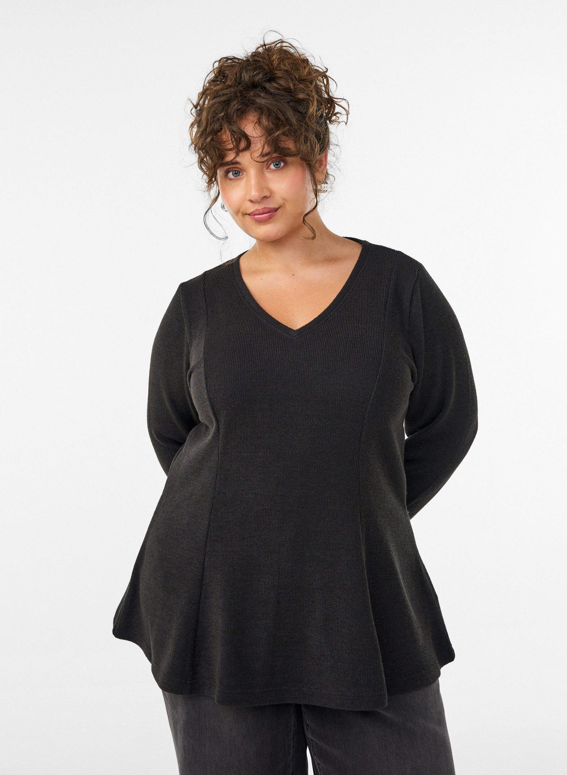 ZizziJerseybluse med ribstruktur og A-form, Sort, Model image number 0