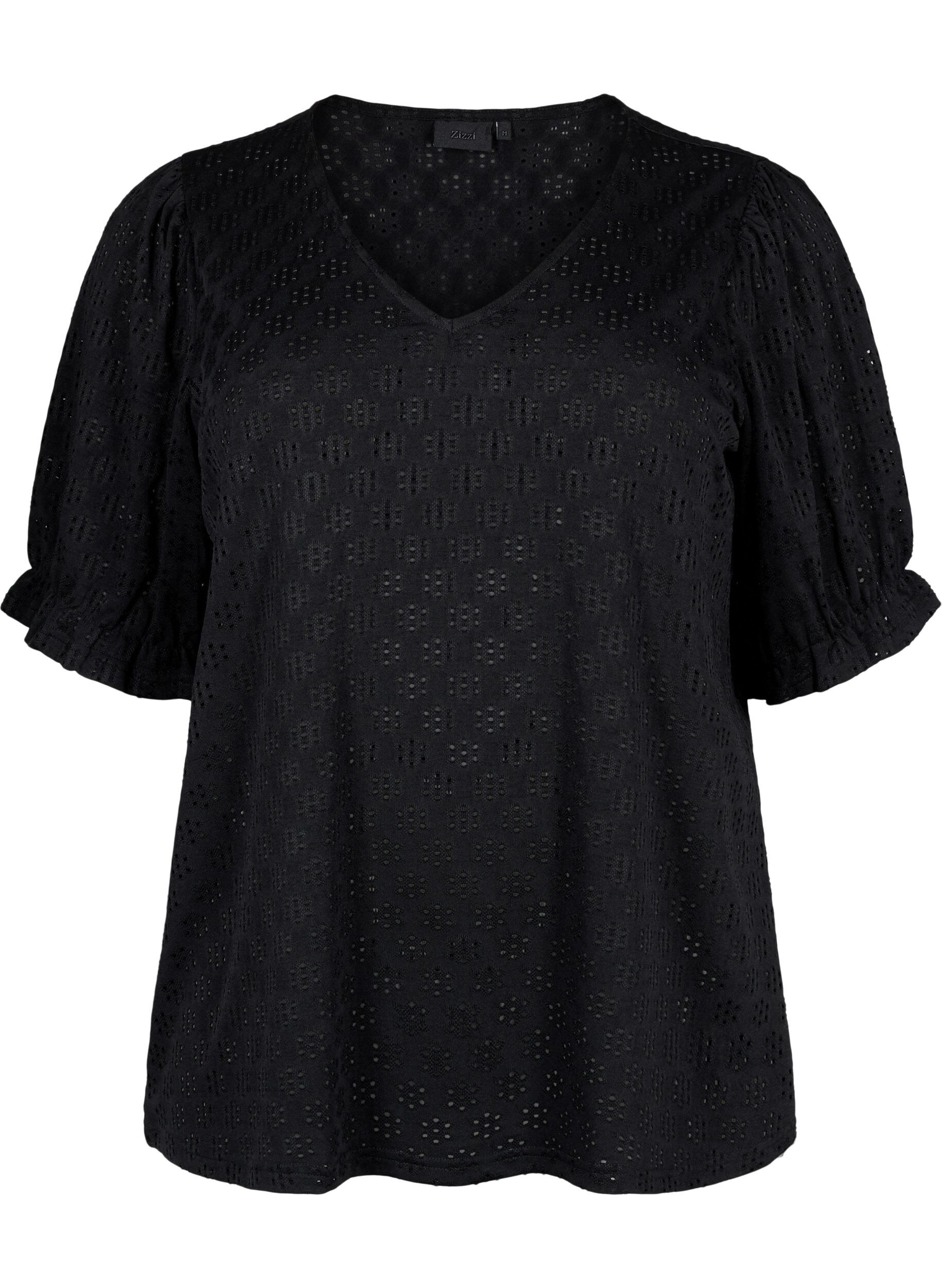 Zizzi V-hals bluse med hulm&oslash;nster, Black, Packshot image number 0