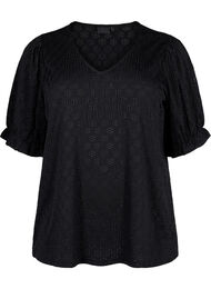 V-hals bluse med hulmønster, Black