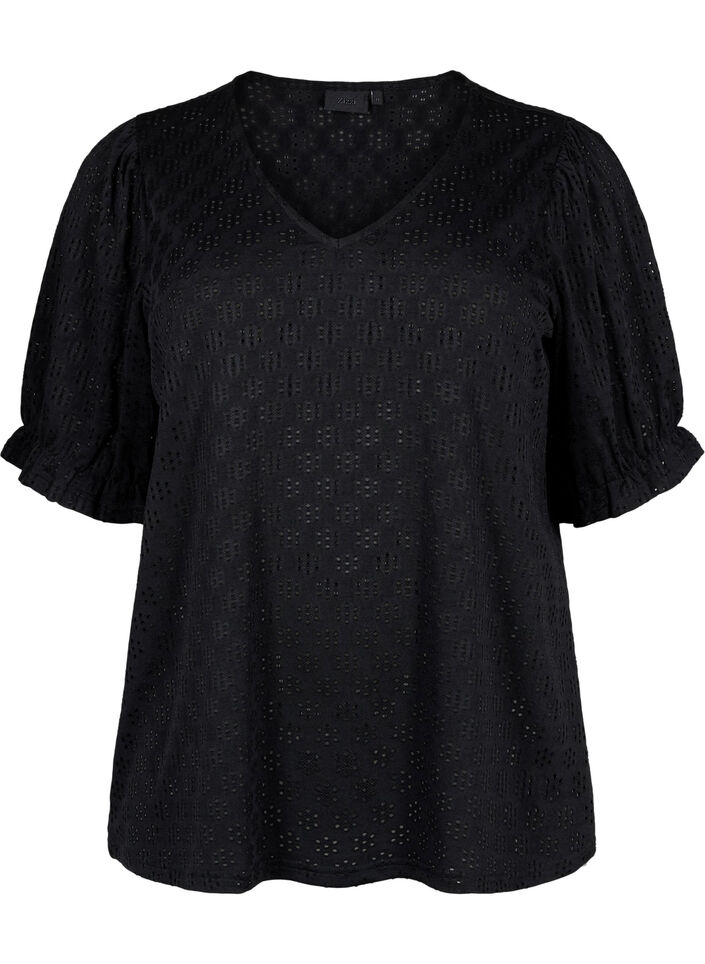 V-hals bluse med hulmønster, Black, Packshot image number 0