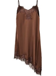 Satinkjole med blonde og asymmetrisk kant, Brun