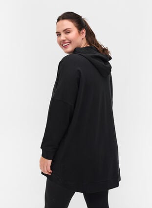 Bomulds sweatshirt med hætte og high-low, Black, Model image number 1