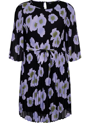 Printet plissékjole med bindebånd, Black w. Floral, Packshot image number 0