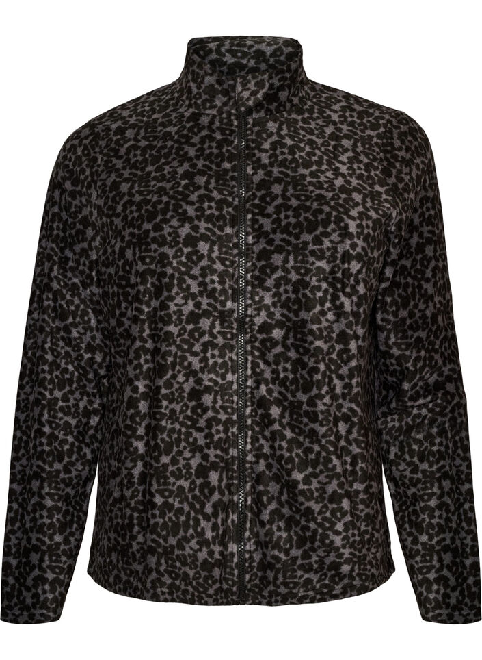 Fleecejakke med leopardm&oslash;nster og h&oslash;j krave, Sort, Packshot image number 0