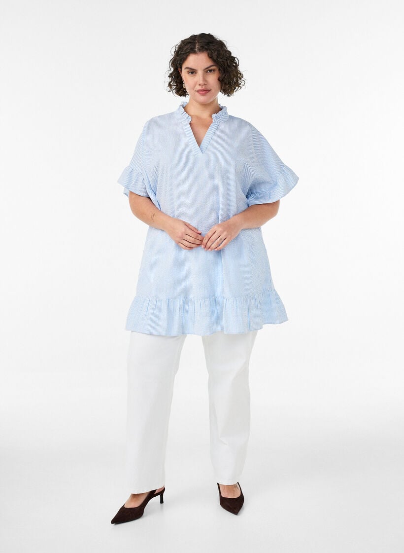Bomuldstunika med striber og fl&aelig;sedetaljer, Bl&aring;, Model image number 1