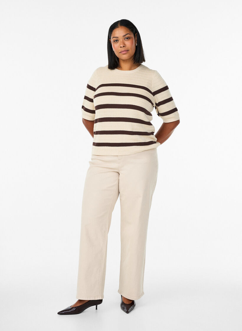 Strikket bluse med striber og korte &aelig;rmer, Vanilla, Model image number 1