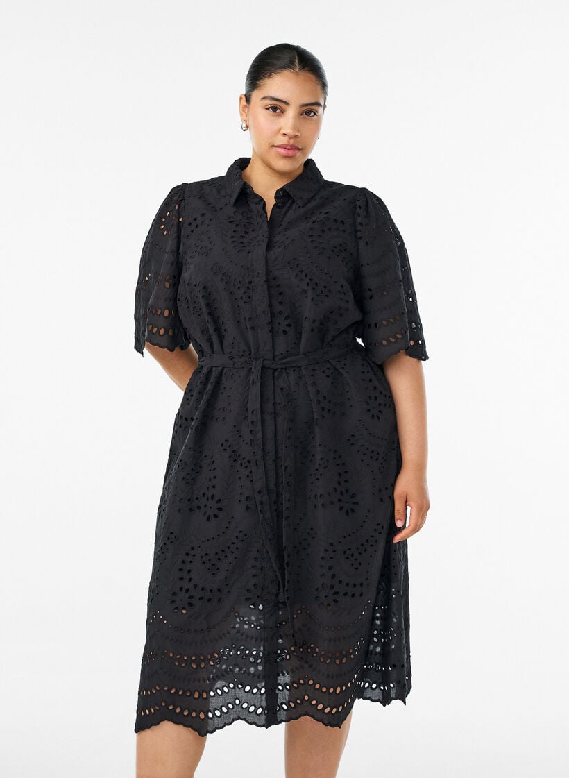 Skjortekjole i broderie anglaise med bindeb&aelig;lte, Sort, Model image number 0
