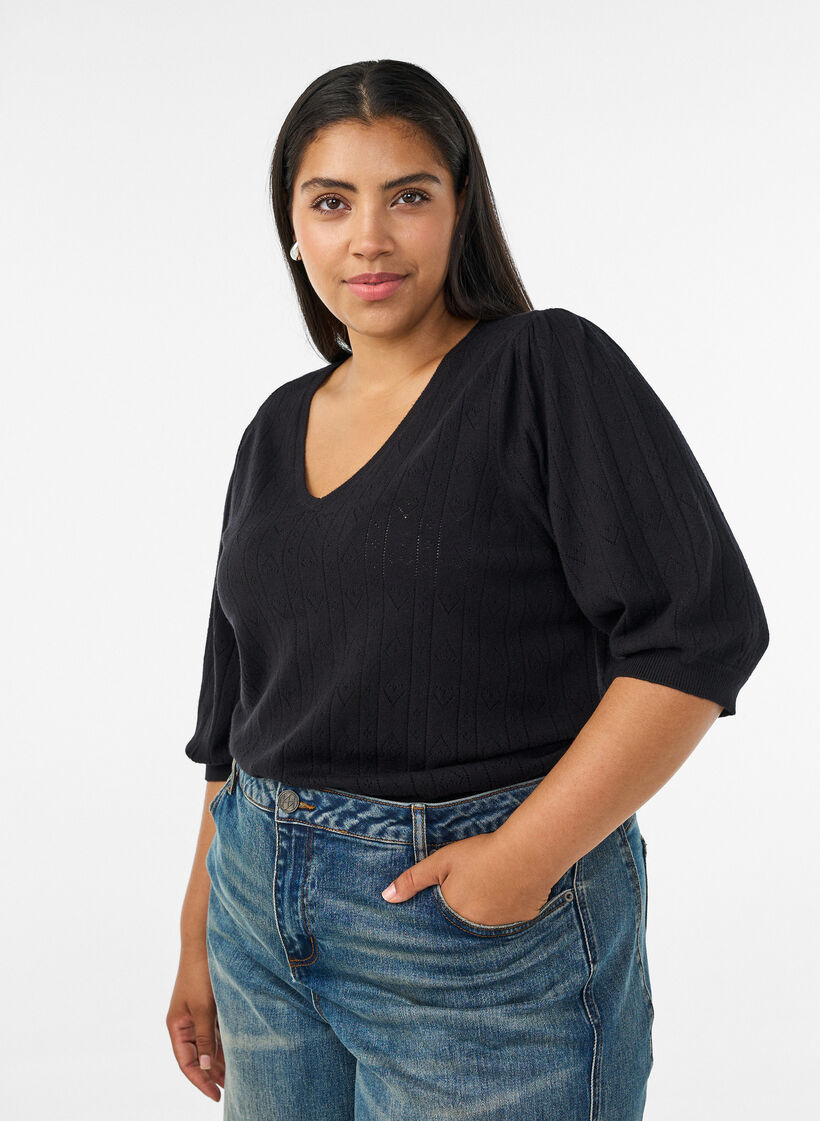 Kort&aelig;rmet strikbluse med pointellem&oslash;nster, Sort, Model image number 0