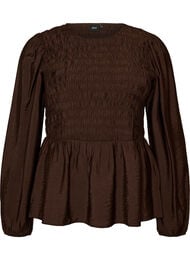Bluse med smock og lange &aelig;rmer, Brun