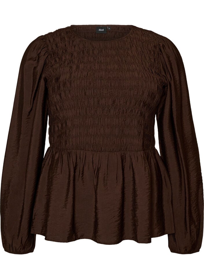 Bluse med smock og lange &aelig;rmer, Brun, Packshot image number 0