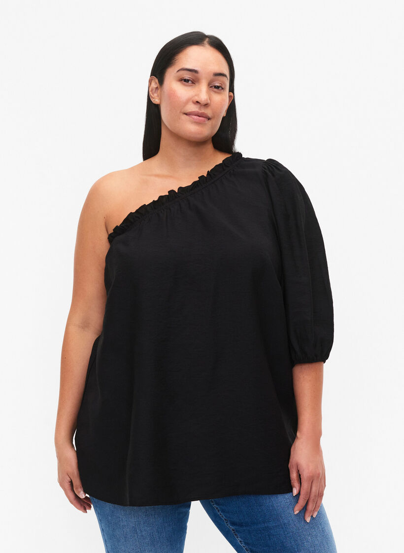 One-shoulder bluse i viskose, Sort, Model image number 0