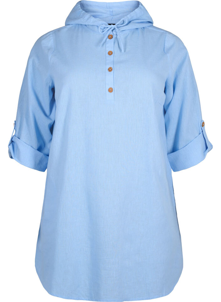 Tunika med hætte i bomuld og hør , Serenity, Packshot image number 0