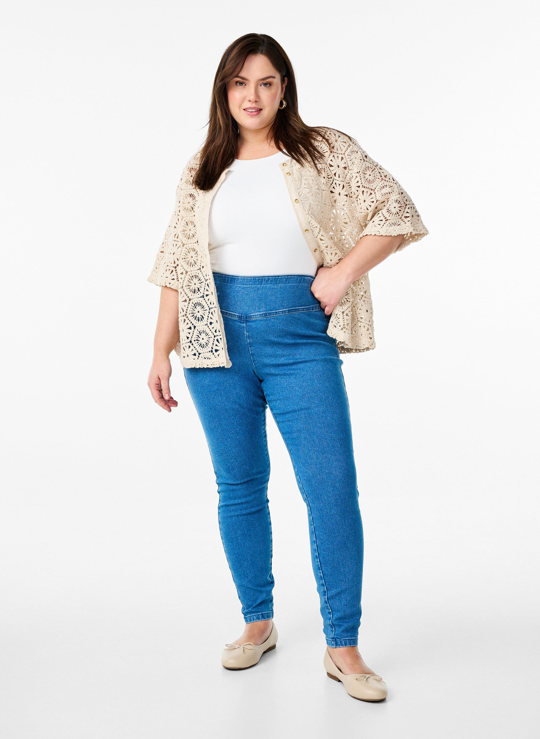 Stretchy jeggings med h&oslash;j talje, Bl&aring;, Model