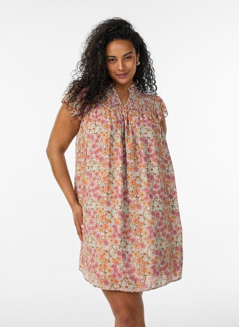 Kort kjole i viskose med smock og blomsterprint, Orange, Model image number 0