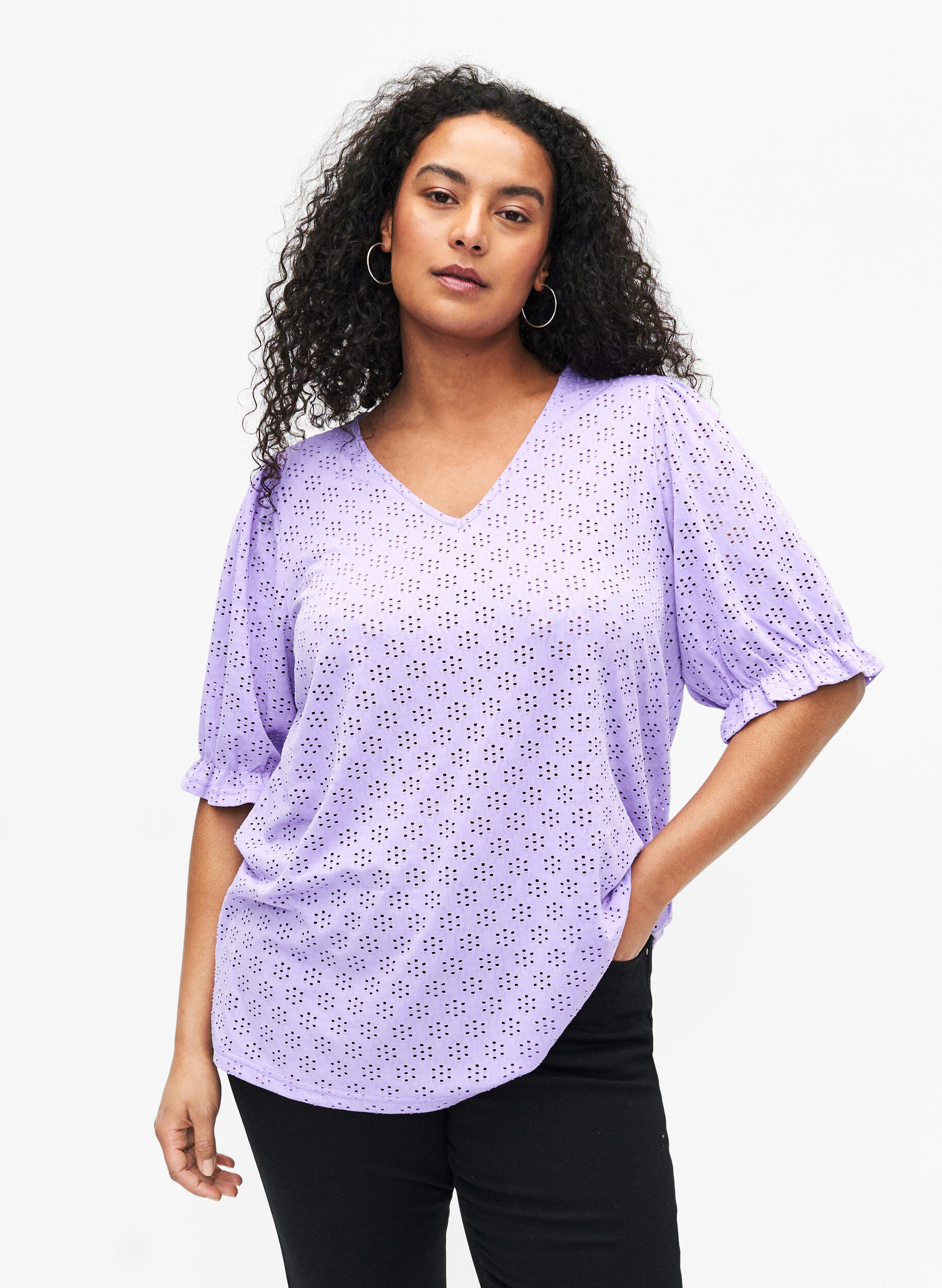 Zizzi V-hals bluse med hulm&oslash;nster, Viola, Model image number 0