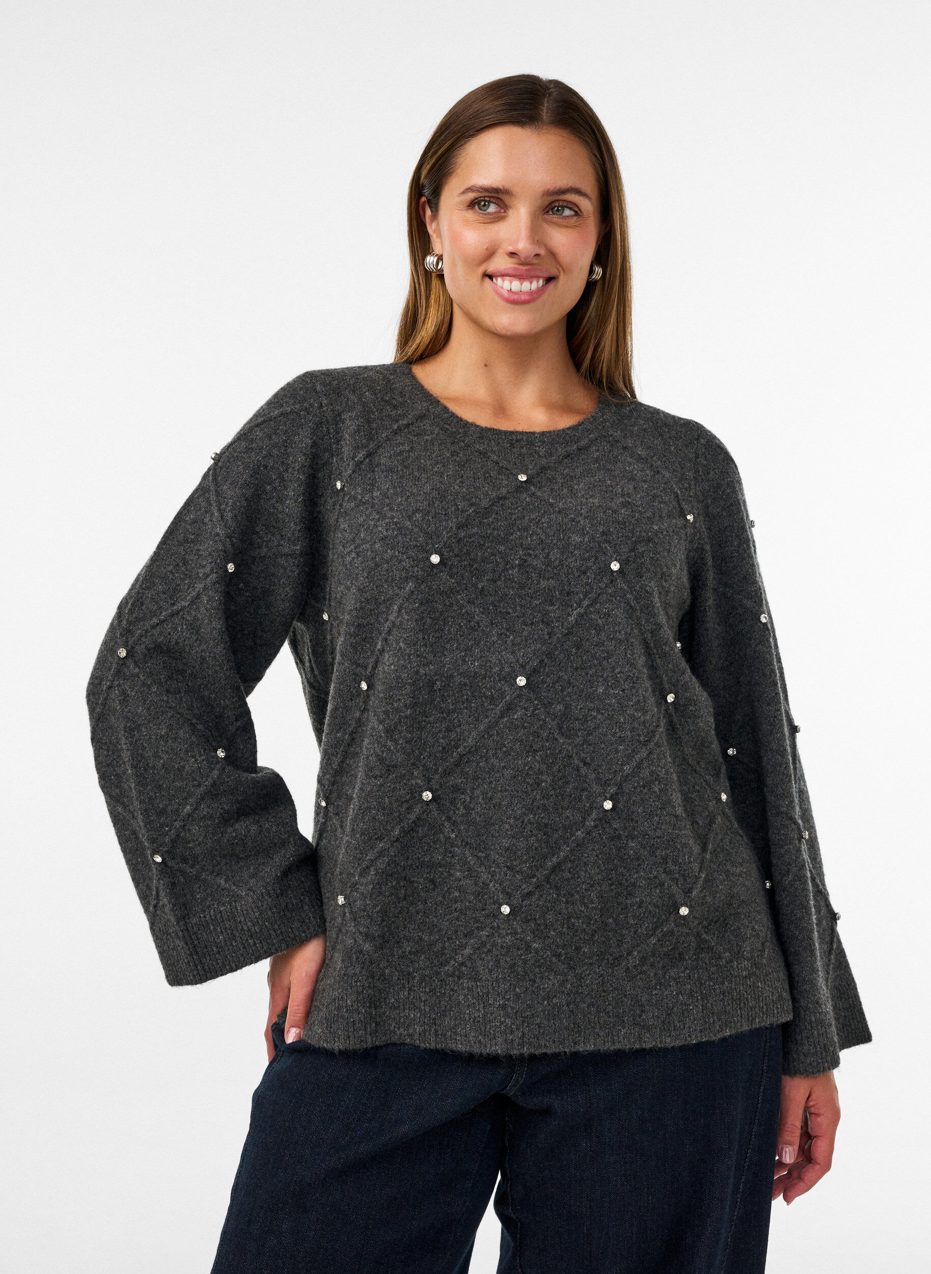 ZizziStrikbluse med rhinsten og rudem&oslash;nster, Gr&aring;, Model image number 0