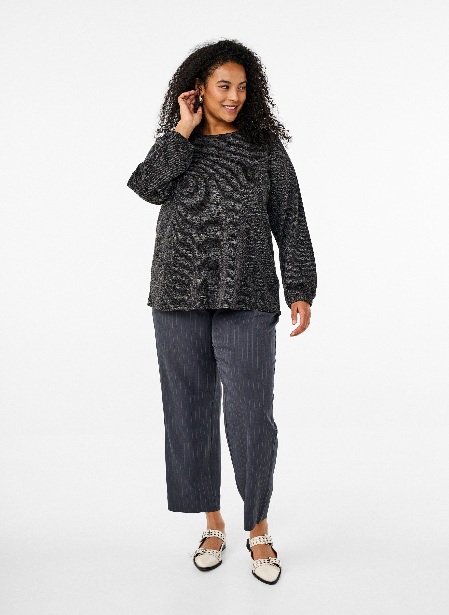 Zizzi FLASH - Jerseybluse med lange &aelig;rmer, Gr&aring;, Model image number 1