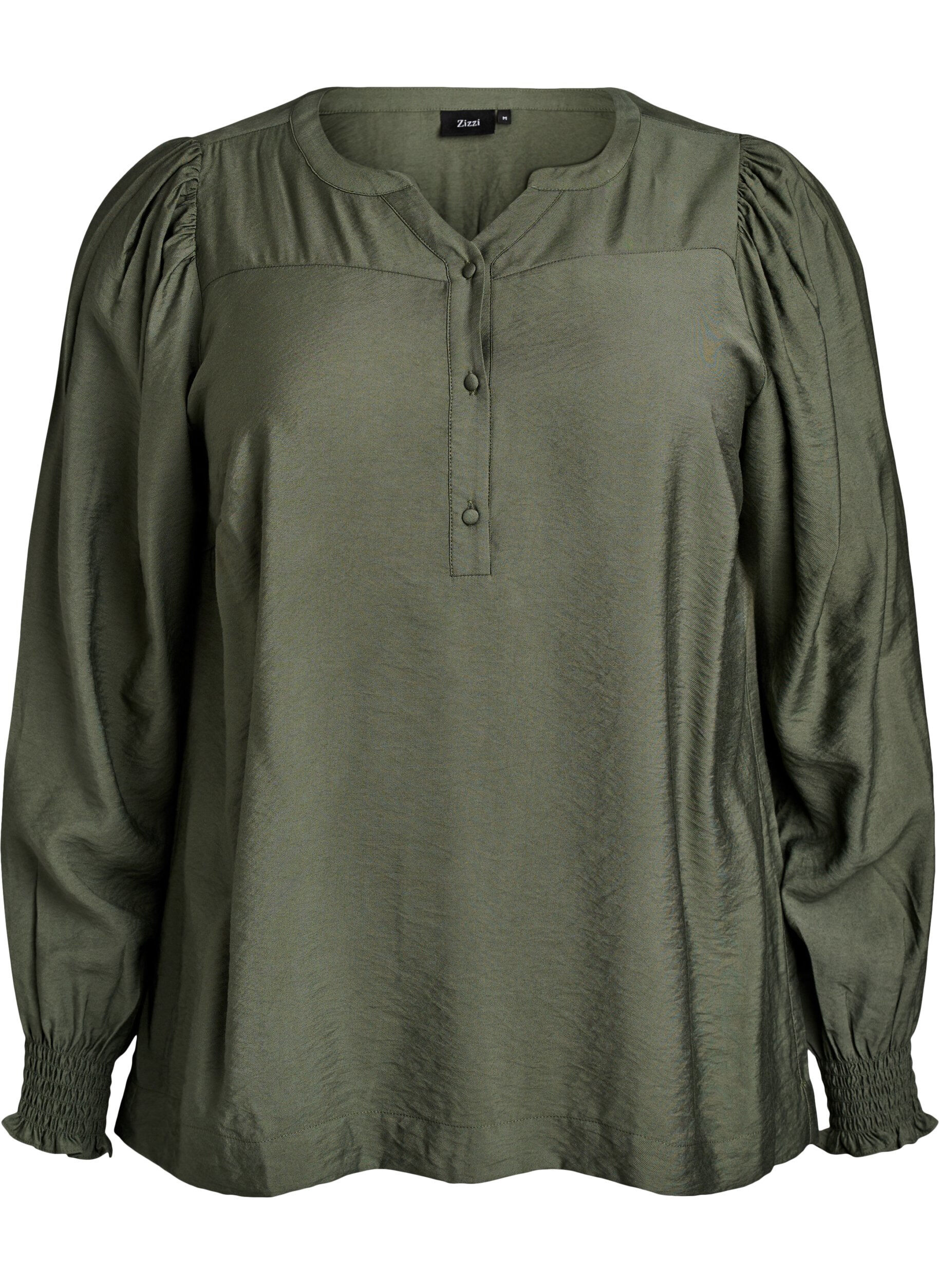 ZizziViskosebluse med smock og rynkedetaljer, Gr&oslash;n, Packshot image number 0