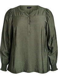 Viskosebluse med smock og rynkedetaljer, Gr&oslash;n