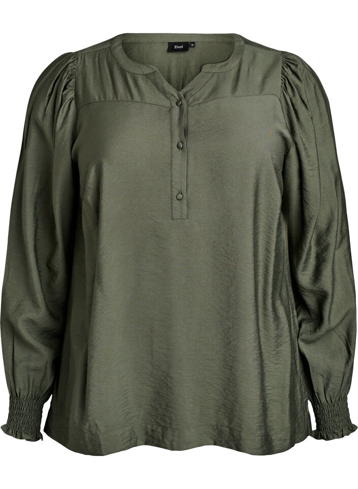 Viskosebluse med smock og rynkedetaljer, Gr&oslash;n, Packshot image number 0