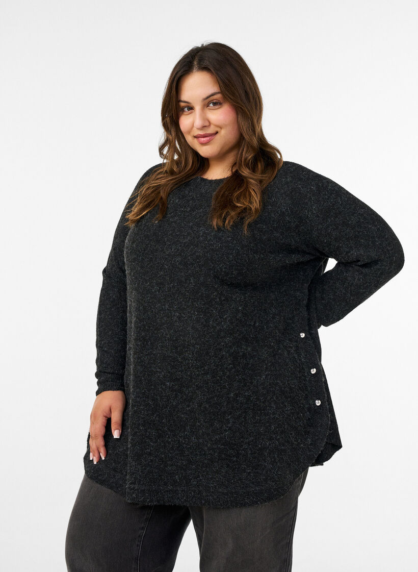 Lang strikbluse med kugleknapper, Gr&aring;, Model image number 0