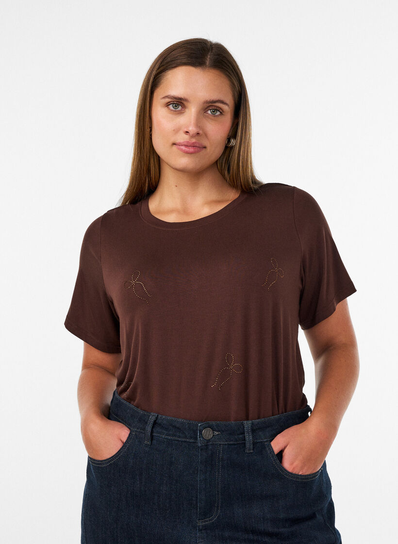 T-shirt i viskose med rhinsten, Brun, Model image number 0