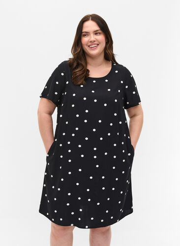 Prikket viskose kjole med korte ærmer, Black Dot, Model image number 0