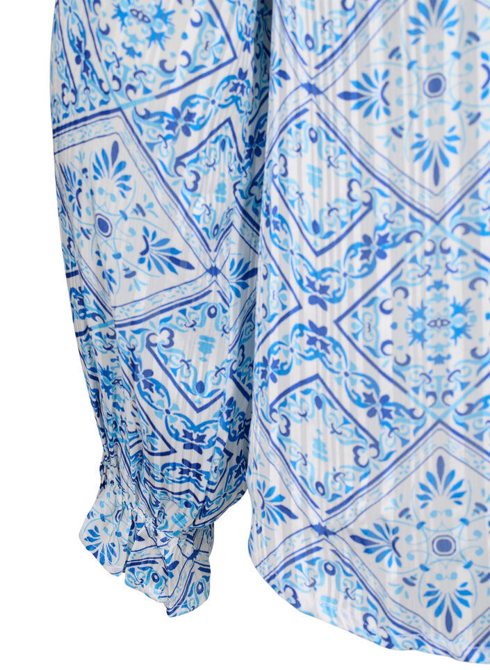 Langærmet bluse med flæser og print, Beige, Packshot image number 3