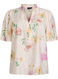 Blomstret bluse med fl&aelig;sekrave og 1/2 &aelig;rmer, Beige