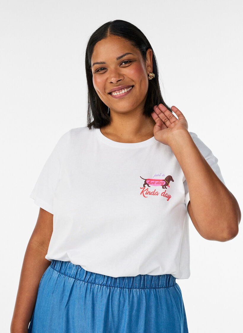 Bomulds T-shirt med brystprint, Hvid, Model image number 0