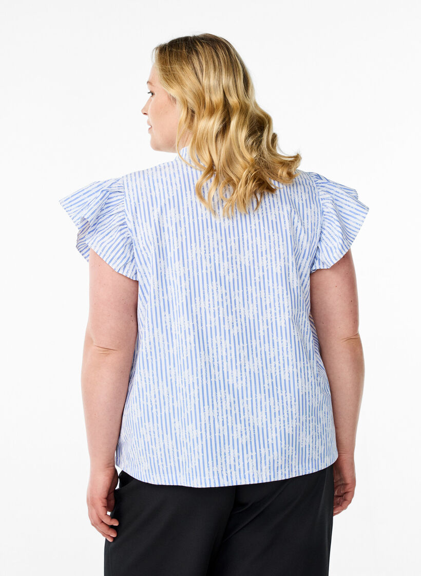 Ærmeløs bluse med striber og blomsterprint, Blå, Model image number 2