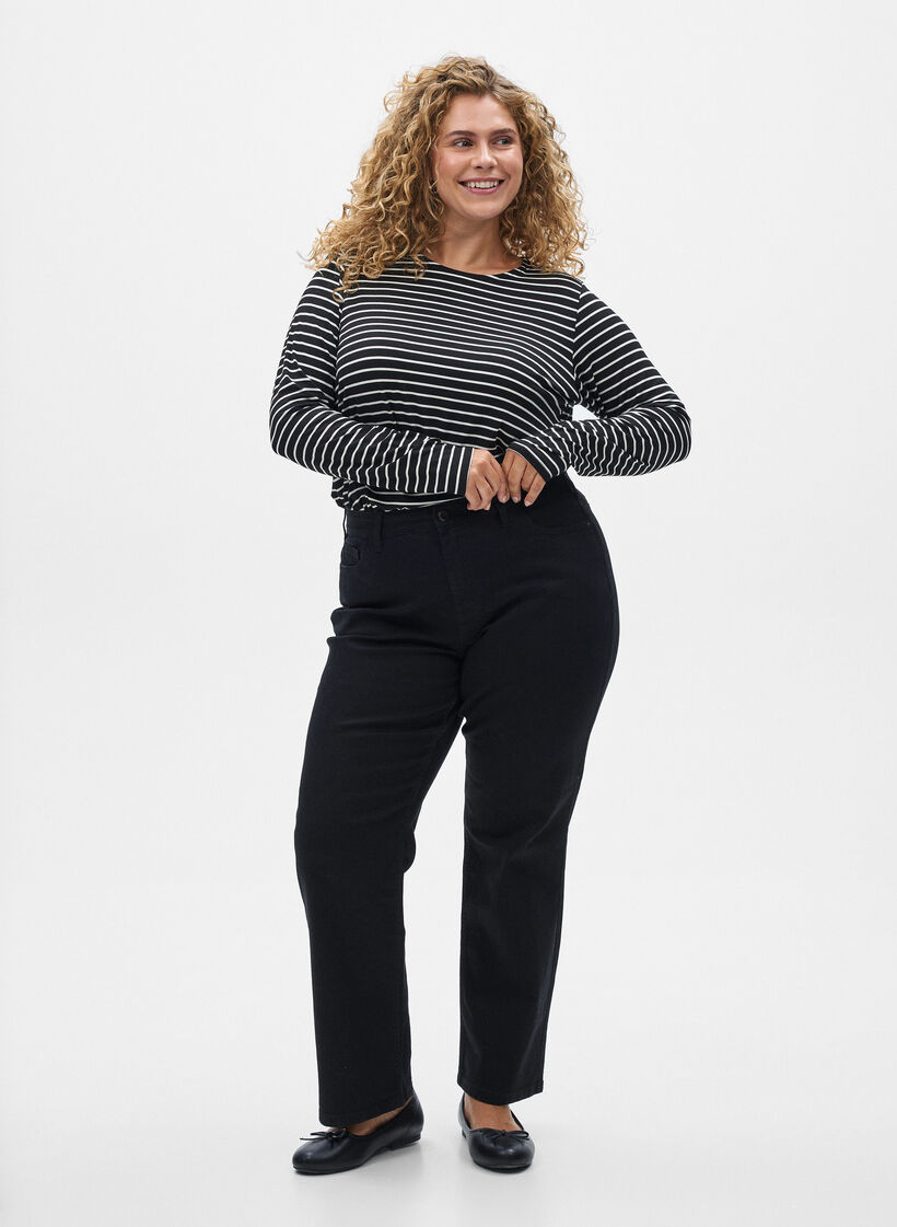 Lang&aelig;rmet bluse med striber, Sort, Model image number 1