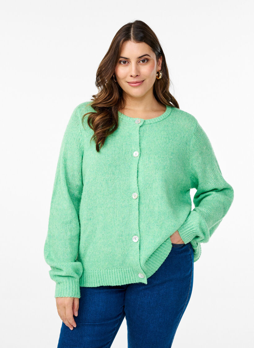 Strikcardigan med uld og knapper, Light G. Green Mel., Model image number 0