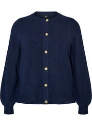 Cardigan i bl&oslash;d strik med guldfarvede knapper, Bl&aring;