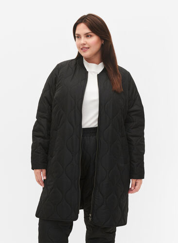 Lang quiltet jakke med lommer og lynlås, Black, Model image number 0