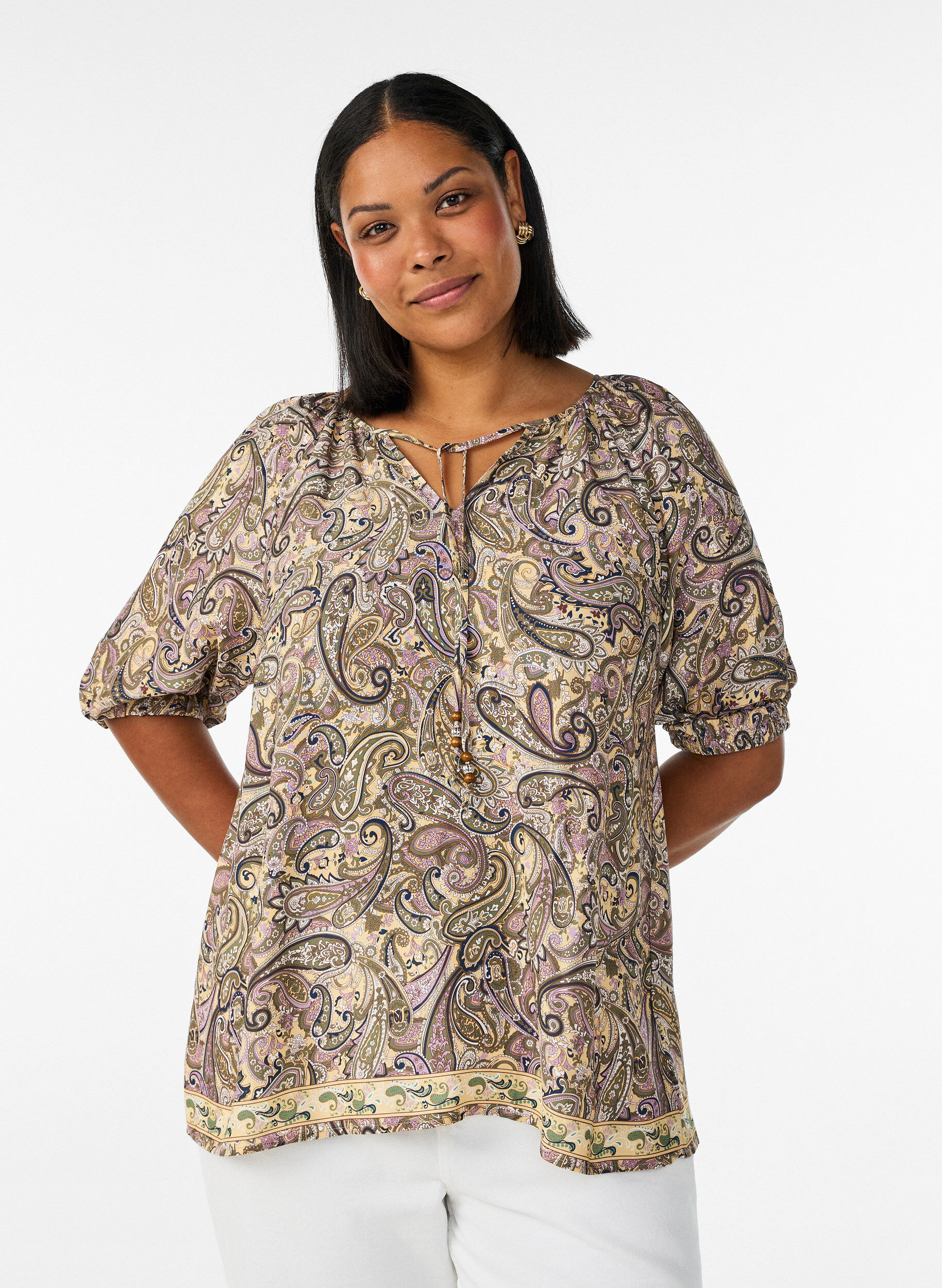 ZizziBluse i viskose med paisleyprint og bindesnor, Gul, Model image number 0