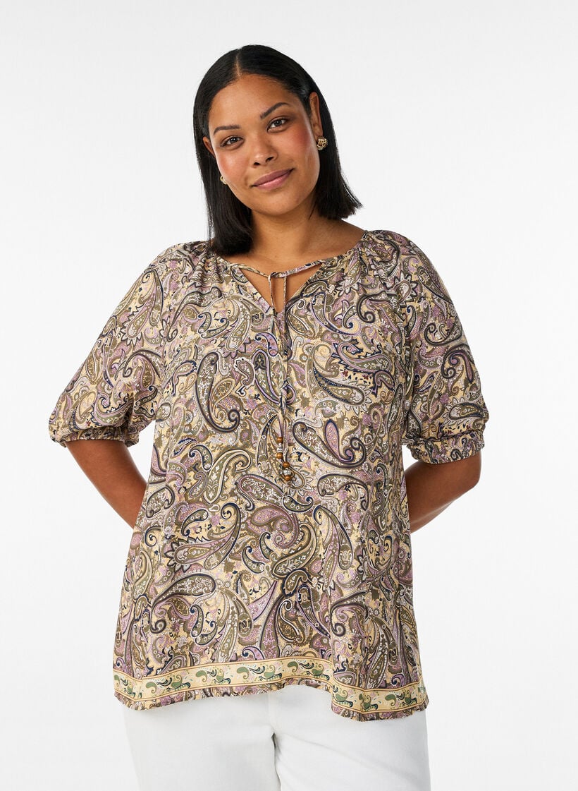Bluse i viskose med paisleyprint og bindesnor, Gul, Model image number 0