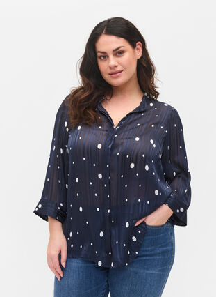 Printet skjortebluse med 3/4 ærmer, Navy Blazer Dot, Model image number 0