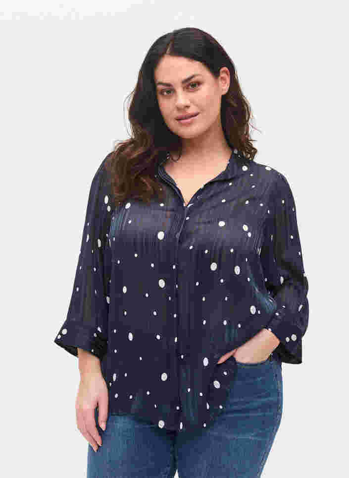Printet skjortebluse med 3/4 ærmer, Navy Blazer Dot, Model