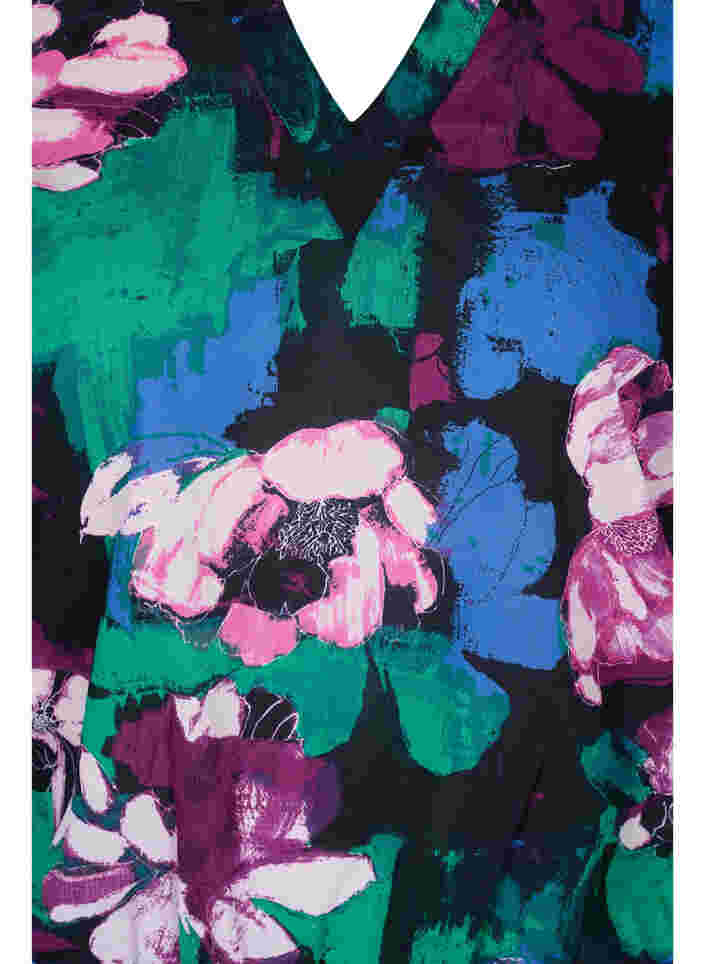 Blomstret bluse med 3/4 ærmer i viskose, Black Flower AOP, Packshot image number 2