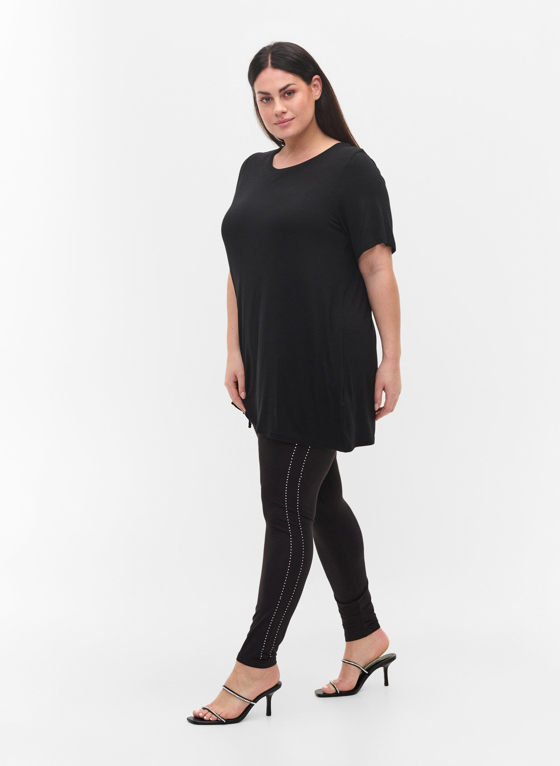 Zizzi Viskose leggings med sten i siden , Black, Model image number 0