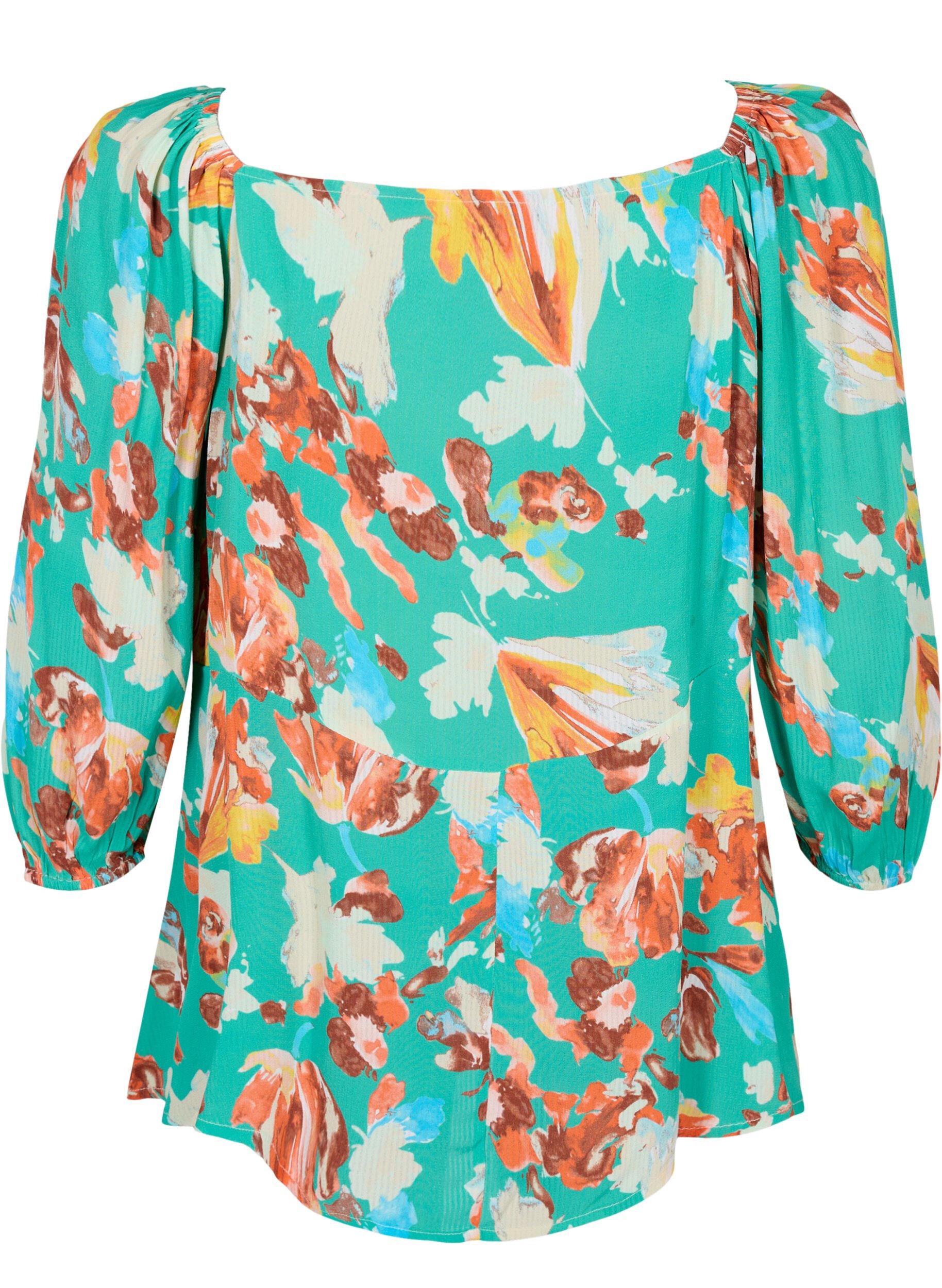 Zizzi Viskose bluse med print og 3/4 &aelig;rmer, Gr&oslash;n, Packshot image number 1