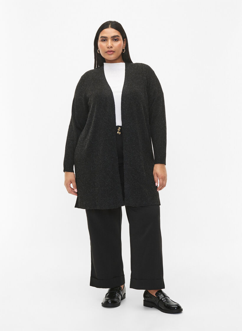 Lang åbenstående cardigan, Dark Grey Melange, Model image number 2